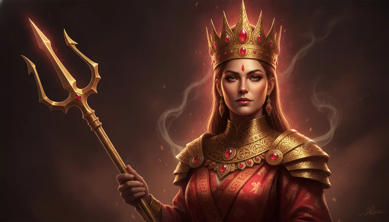 Royal digital portrait of a majestic goddess with a golden trident and a gemstone crown.