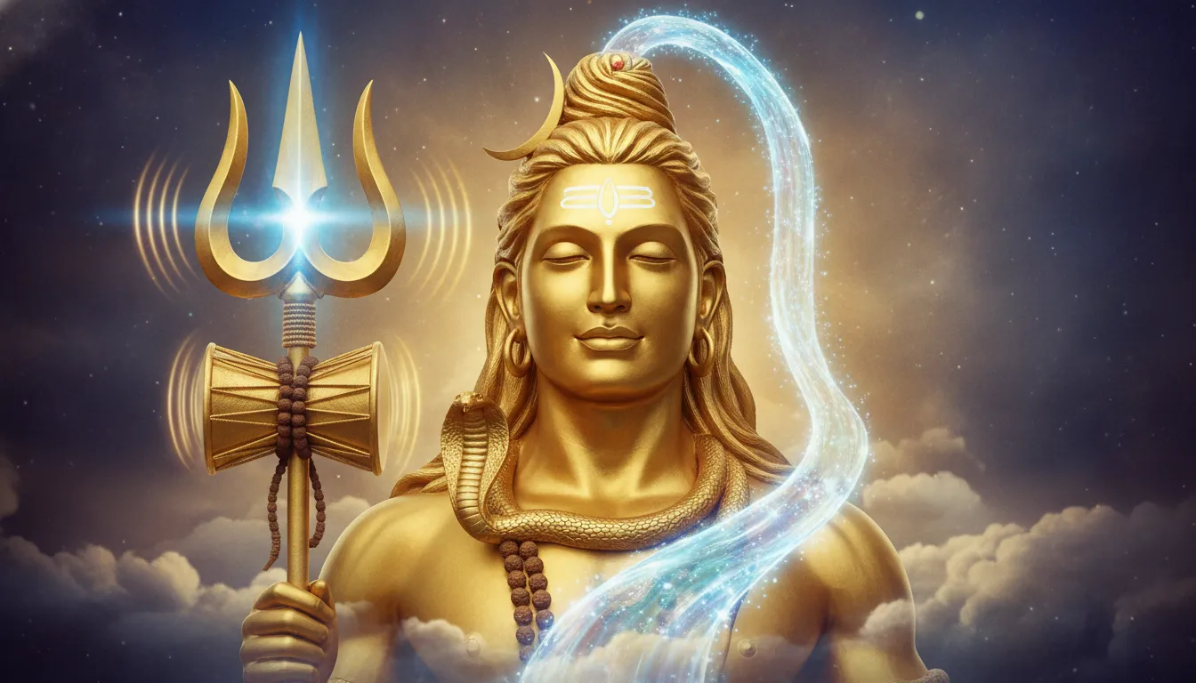 Close up of golden Lord Shiva holding a glowing trishul with the holy river Ganga flowing from his hair in heaven.