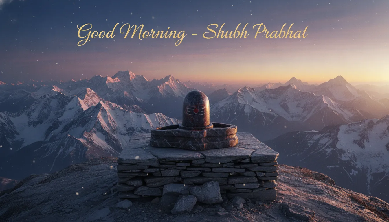 A majestic Narmada Shivling overlooking snow-capped Himalayan peaks at dawn, forming a powerful good morning image with narmada shivling.