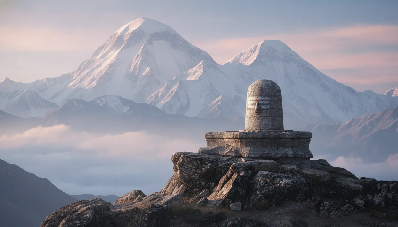 A powerful stone shivling overlooking the snow-covered peaks of the Himalayan mountains at dawn.