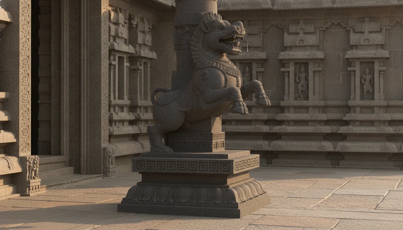 A close-up of a stone temple pillar featuring a roaring Yali creature with a continuous floral scroll wrapping around the base.