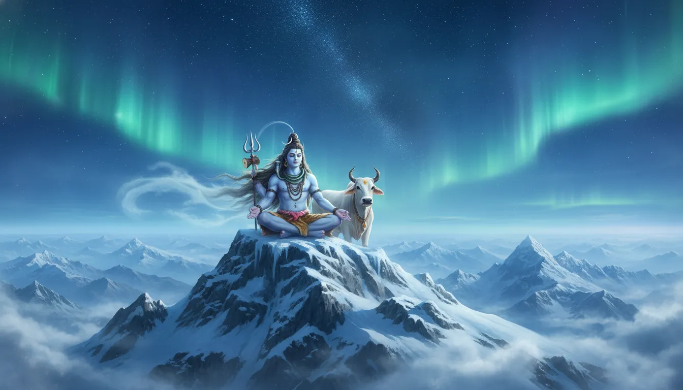 An artistic digital painting of Lord Shiva and Nandi sitting atop a snow-covered Himalayan peak under a starry sky.