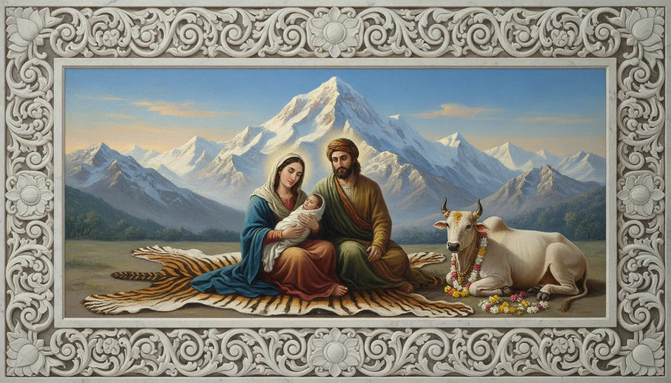 Majestic portrait of Shiva family seated together in front of snow-capped Himalayan peaks