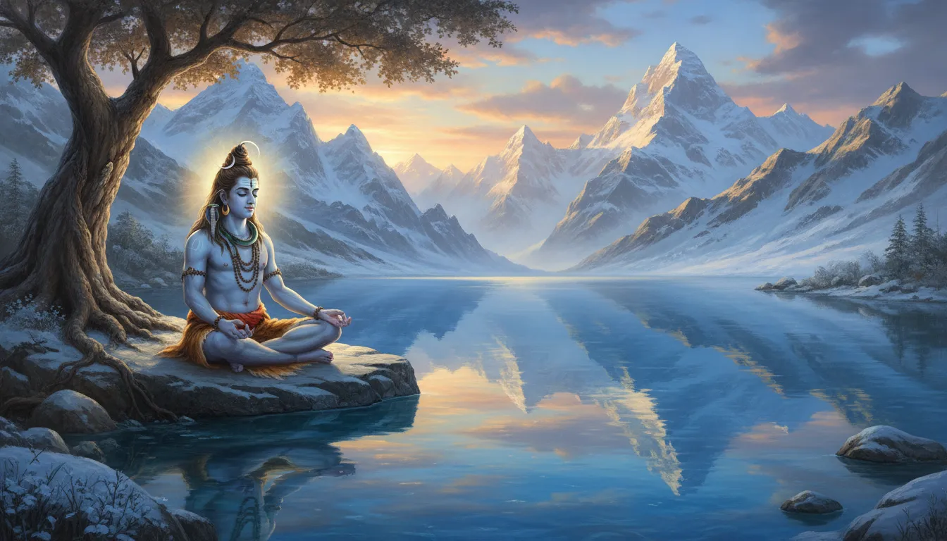 Lord Shiva in deep meditation beside a crystal-clear alpine lake with snow-covered mountains.