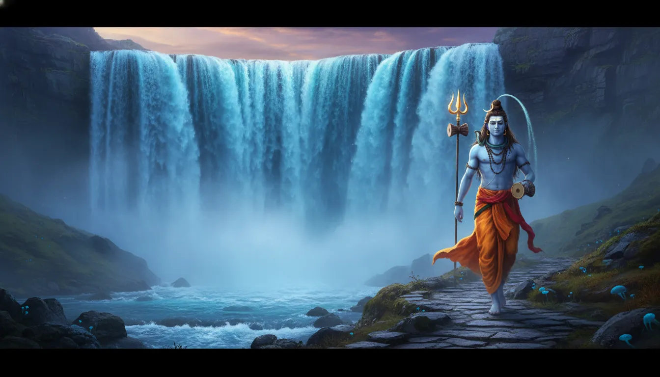 Shiva walking beneath a glowing neon sky filled with stars inside a magical fantasy forest.