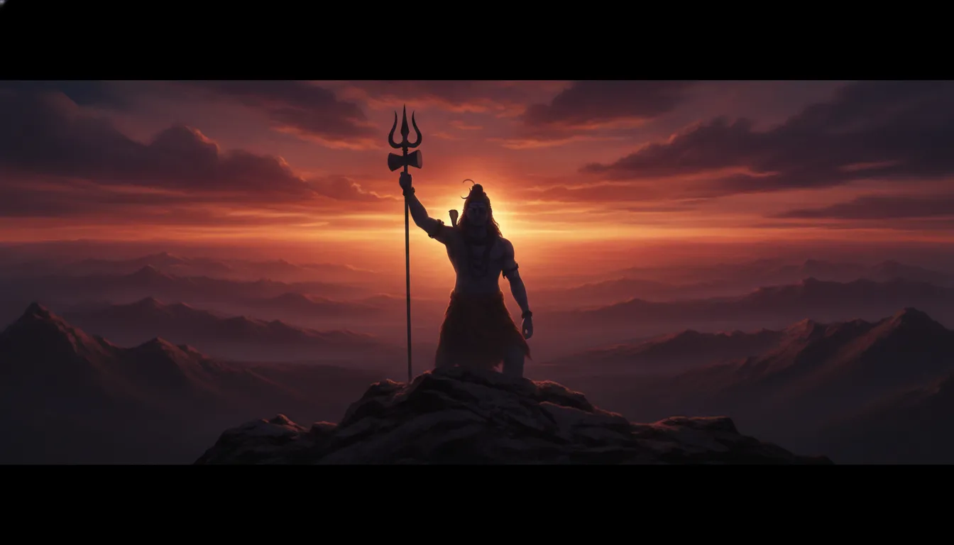 Har Har Mahadev photo showing a cinematic silhouette of Shiva holding a trident on a mountain