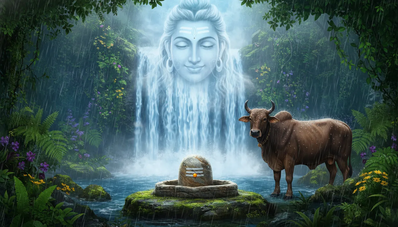 1080p bholenath nandi and shivling hd images featuring a dramatic waterfall and monsoon theme.
