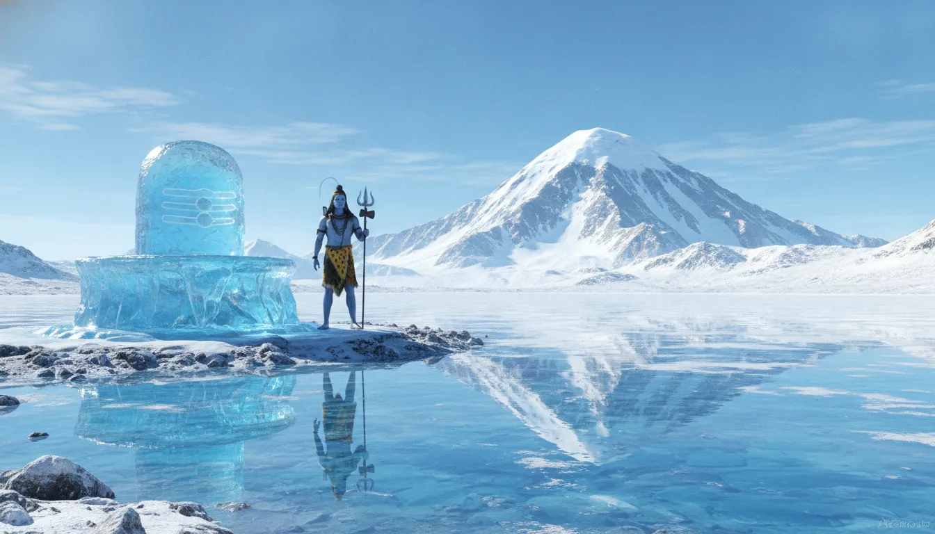 Epic 3D view of Mount Kailash peak with Lord Shiva and a giant translucent Shivling in the foreground.