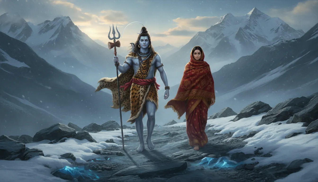 Shiva and Parvati walking through a high rocky mountain pass covered in snow