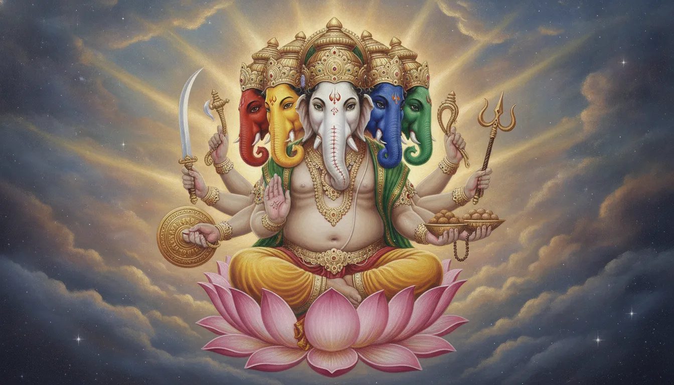 Powerful depiction of five-faced Panchamukhi Ganesha sitting on a lotus with ten arms holding various weapons.