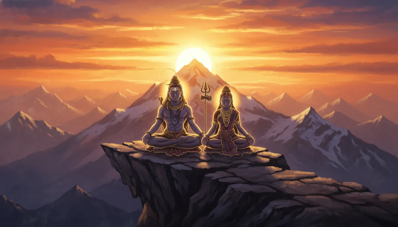 silhouette of shiva parvati sitting on kailash mountain during orange sunset