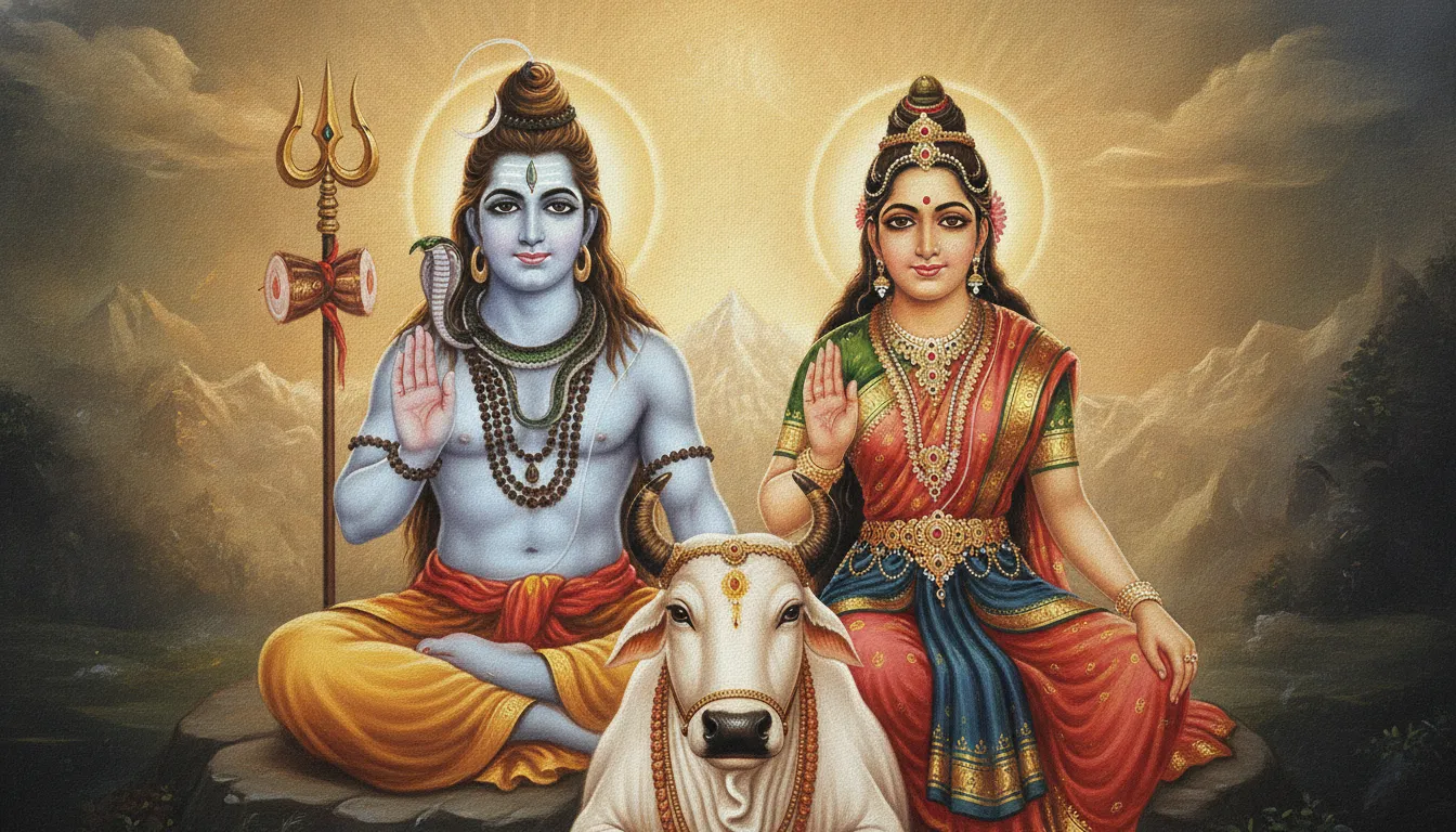 Shiva and Parvati with hands raised in blessing posture digital art