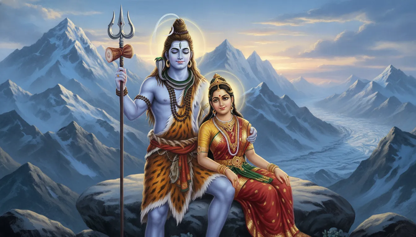 Majestic depiction of Shiva and Parvati sitting together on Mount Kailash with a prominent trident.