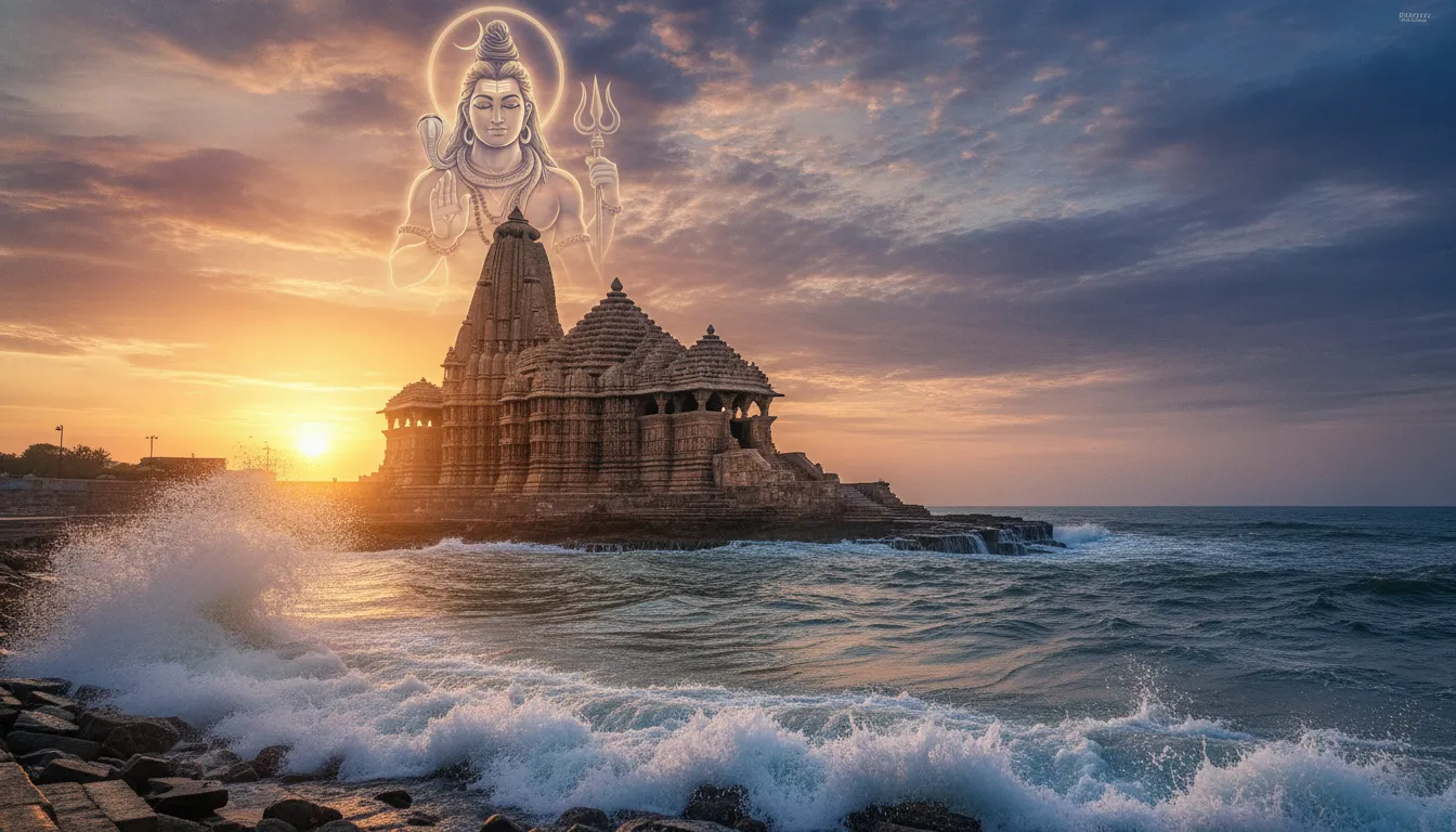 Somnath Jyotirlinga temple by the ocean with a divine silhouette of Mahadev