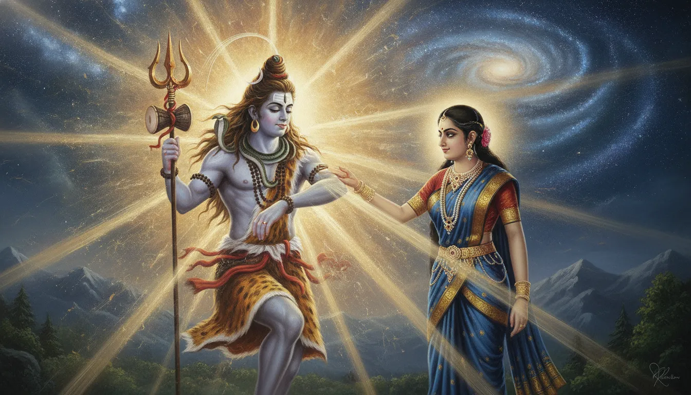 Artistic depiction of Parvati gently placing her hand on Shiva during a golden aura display
