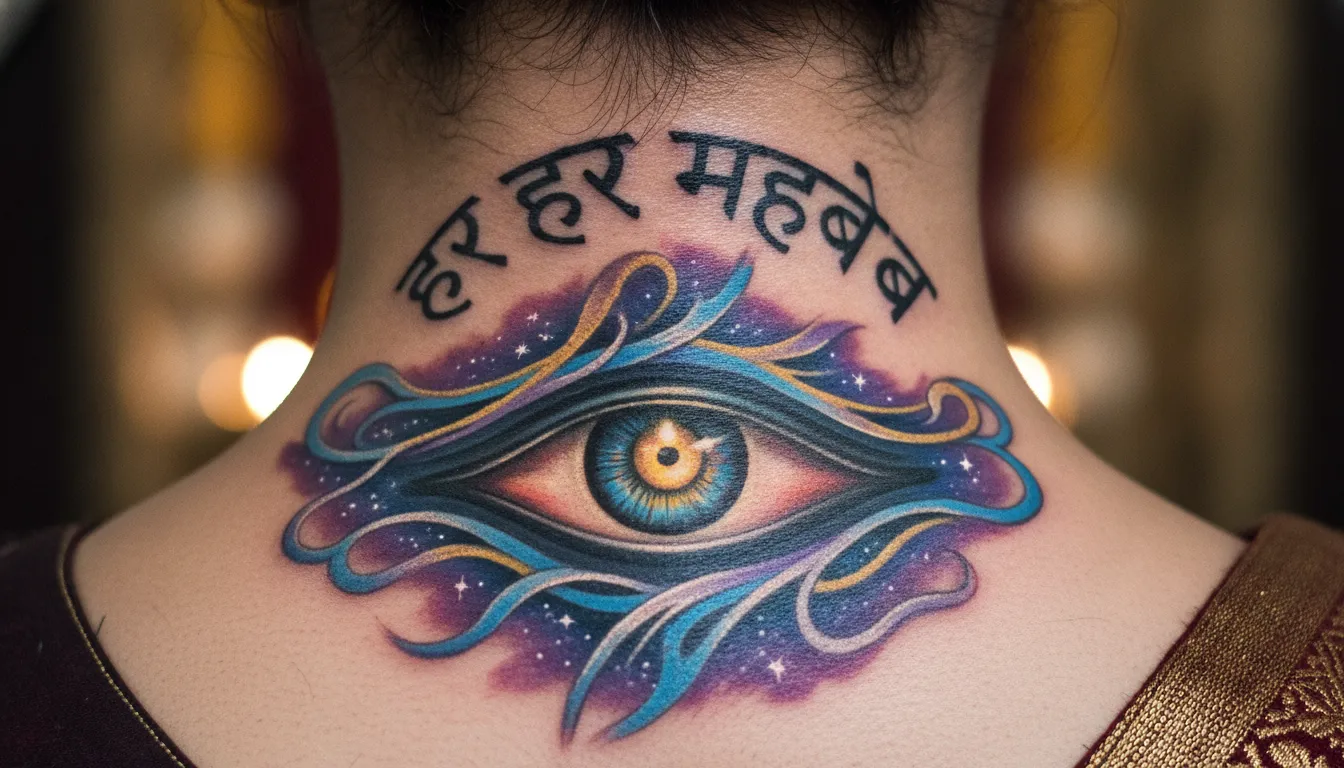 Close-up photo of Lord Shiva's third eye tattoo with Har Har Mahadev slogan on neck.