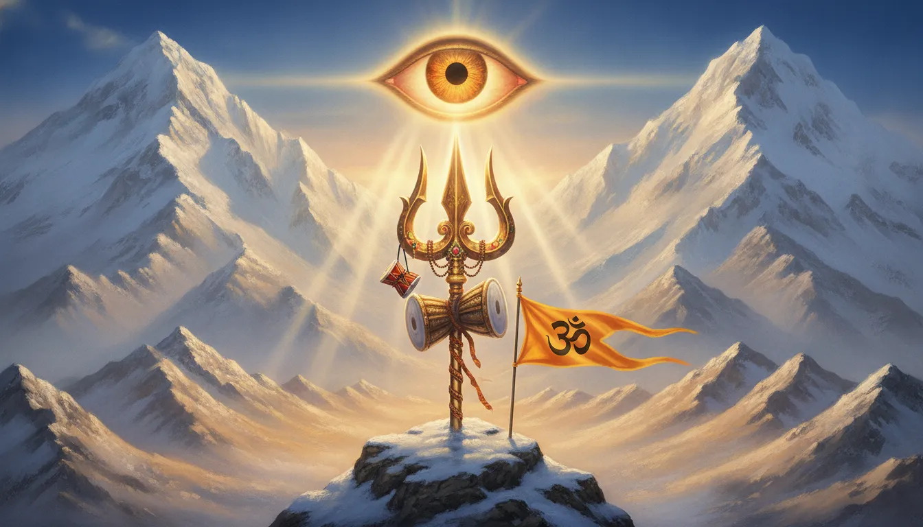 Symbolic digital art of a giant Trishul planted in snow with a glowing third eye in the sky.