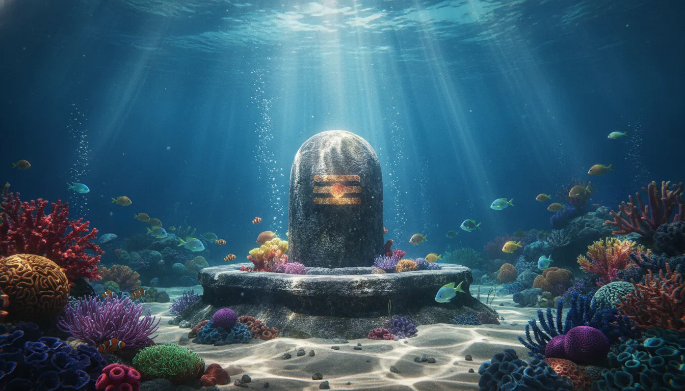 Deep ocean underwater bhagwan shiv shivling images in 3d with marine life.