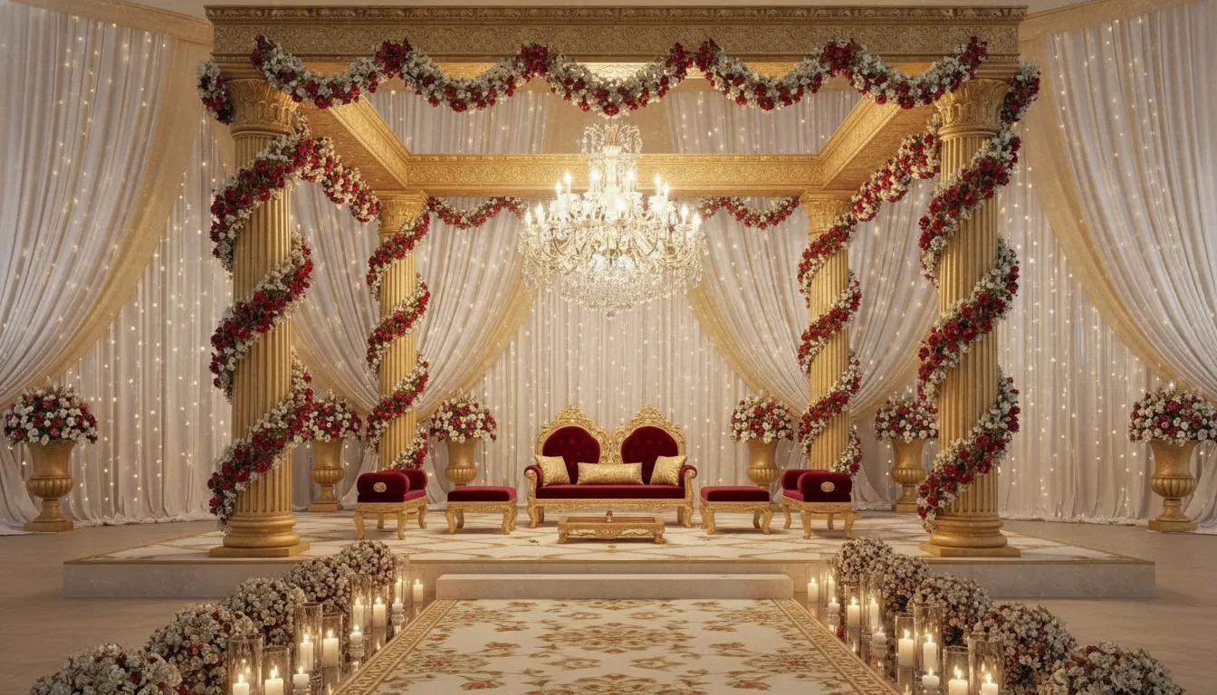 Vector illustration of a grand wedding mandap decorated with exotic flowers and lights.