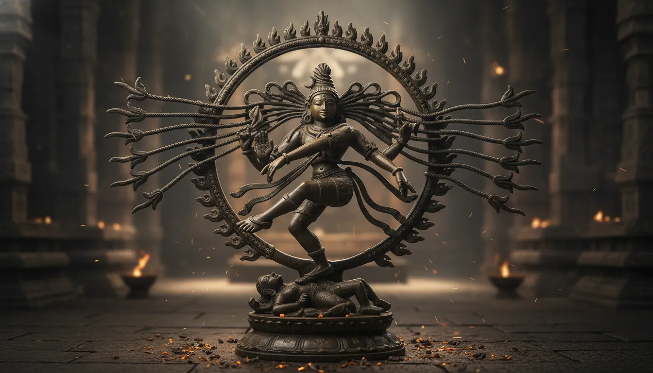 Majestic bronze dancing Shiva statue displaying detailed flying dreadlocks touching the frame
