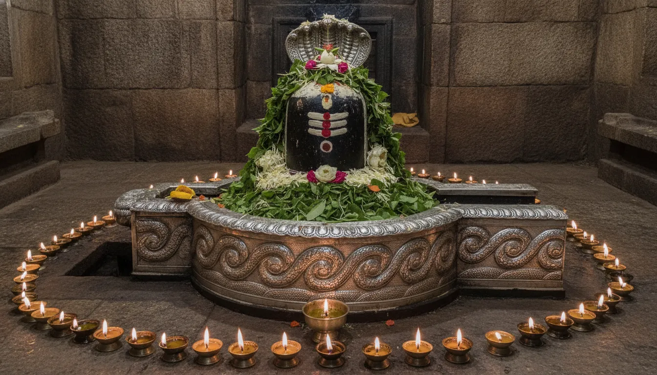 Sacred Mallikarjuna Jyotirlinga shivling image from Srisailam, surrounded by traditional silver casing and offering of fresh bilva leaves.