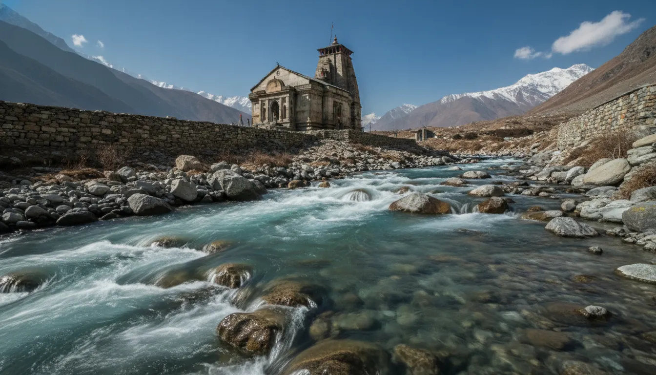 Fast flowing clear waters of Mandakini river with the sacred Kedarnath temple structure in the background