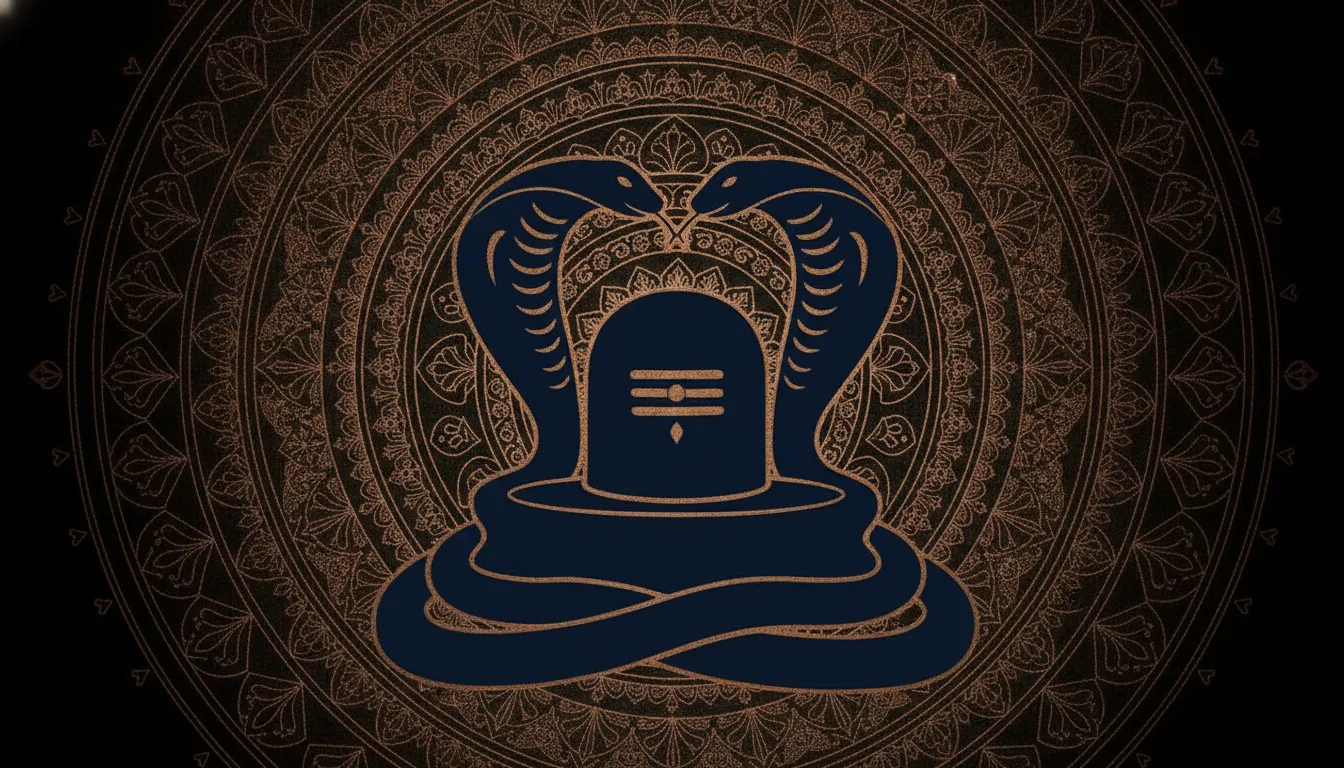 Spiritual dual snake with shivling vector image integrated within an intricate circular mandala background.