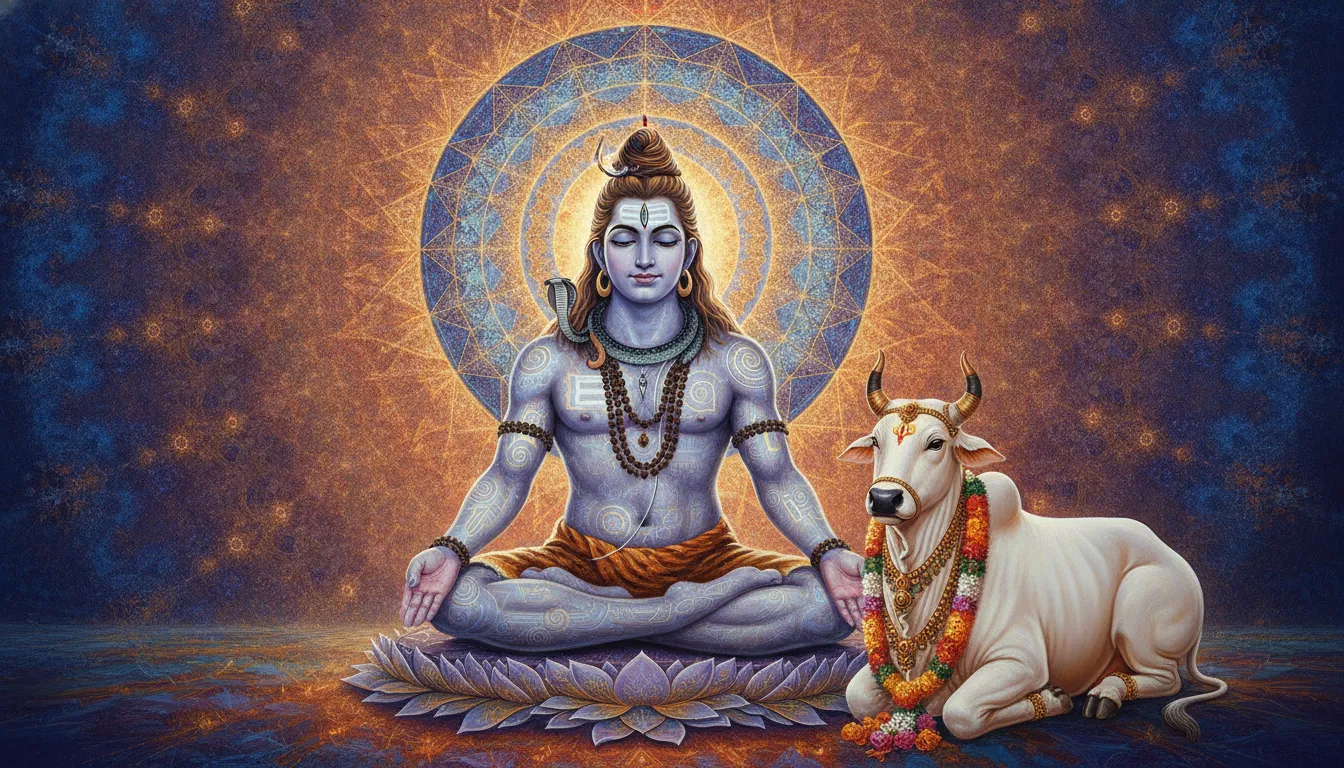 Intricate mandala art background featuring Lord Shiva sitting peacefully next to a decorated white bull.