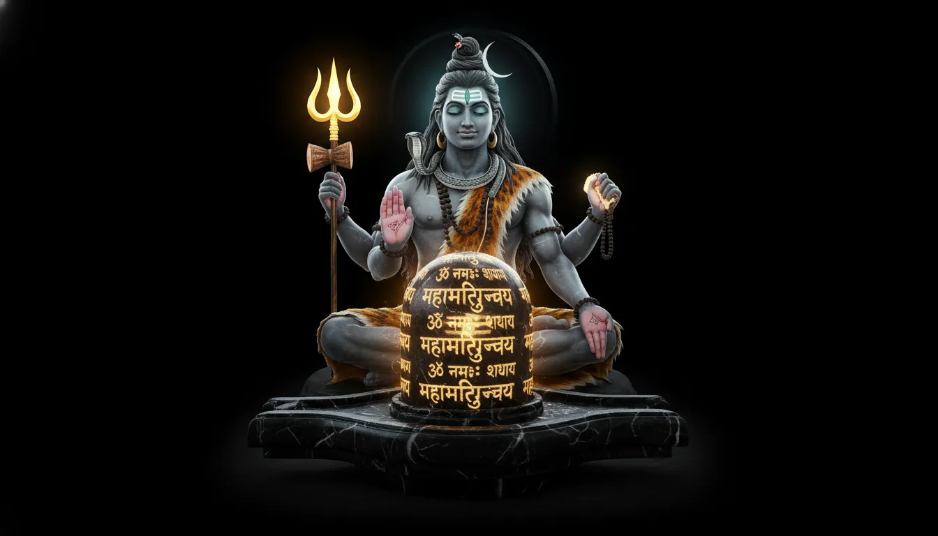 Sanskrit text image of lord shiva in shivling art with glowing gold engravings.
