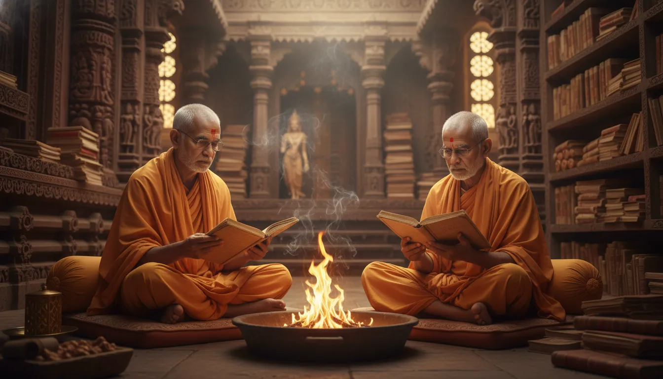 Devotees reading from scripture near a sacred fire in a peaceful temple.