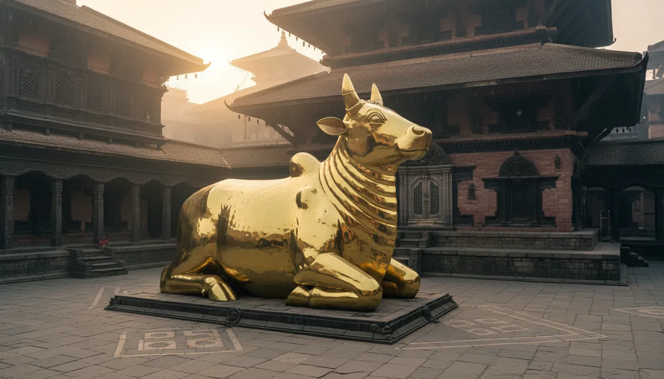 The large golden statue of the sacred Nandi bull kneeling gracefully in front of the main doors of Pashupatinath Temple.