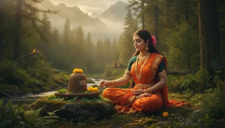 Goddess Parvati performing deep penance and worshipping a sacred clay Shivling in a serene Himalayan forest setup.