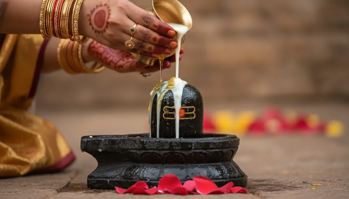 Close-up shot of Goddess Parvati pouring rich milk and honey over a sacred stone Shivling.