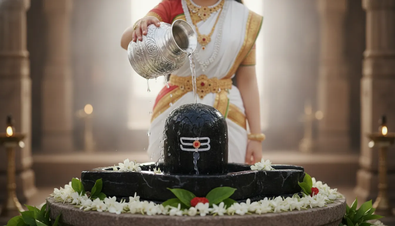 Divine depiction of Goddess Parvati pouring water from a metallic pot over a sacred Shivling as an act of devotion.
