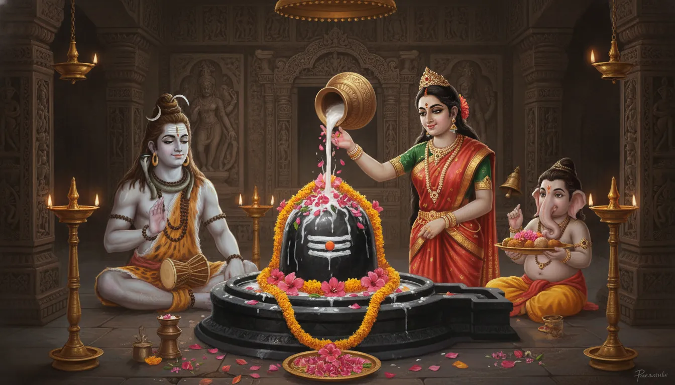 Shiv Parivar images with shivling during a holy water and milk abhishek ceremony with flowers