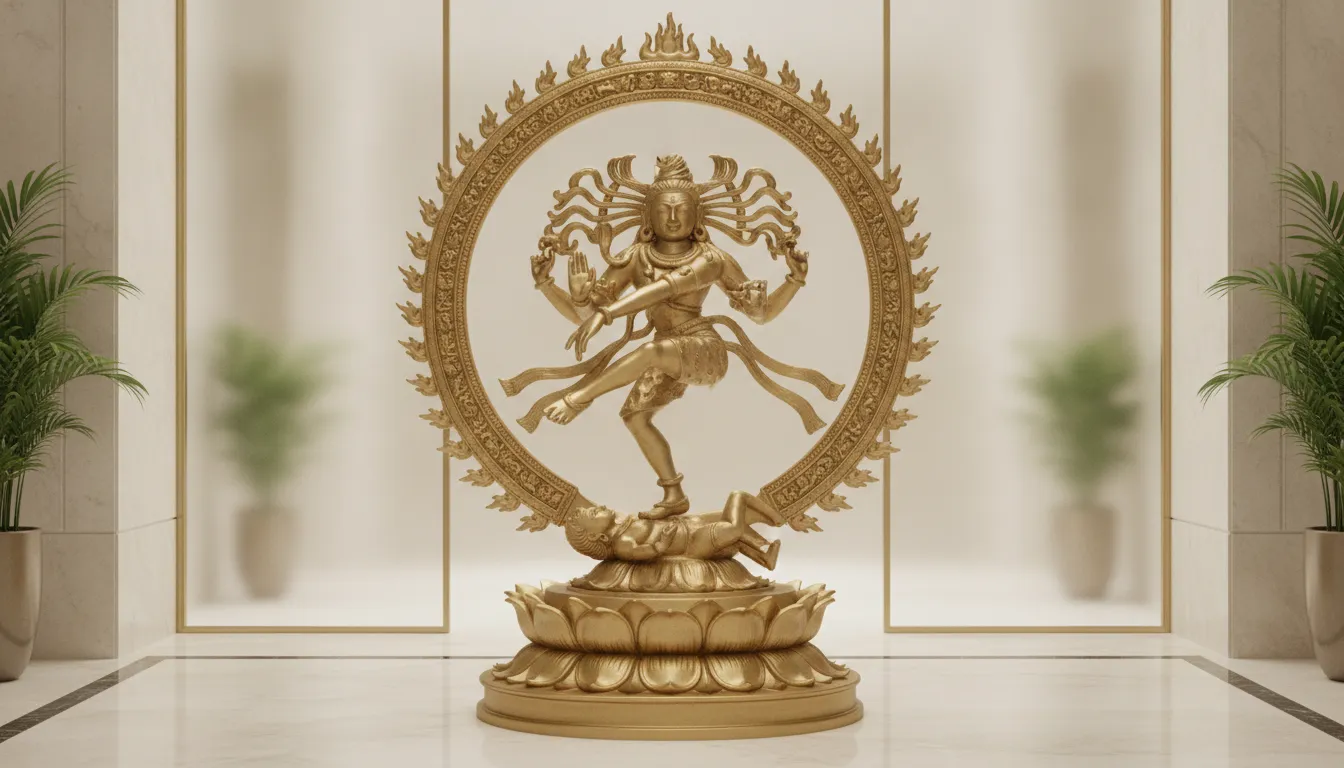 A matte gold finish Nataraja statue standing on an intricately carved double lotus pedestal.