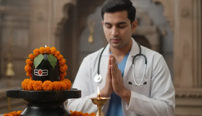 A professional doctor wearing medical scrubs and a stethoscope joining hands in deep prayer in front of a sacred stone Shivling.