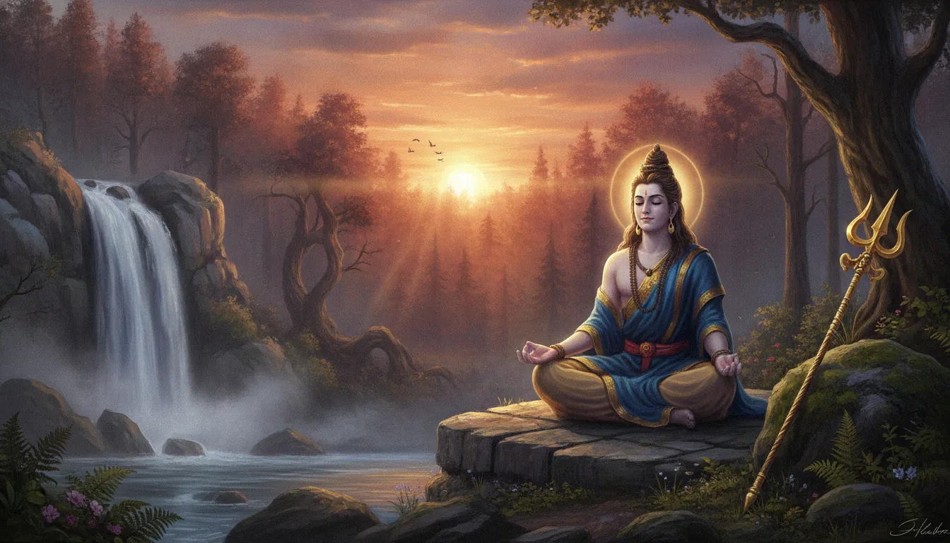 A meditating divine figure seated near a waterfall with a trident, trees, birds, and sunset in the background.