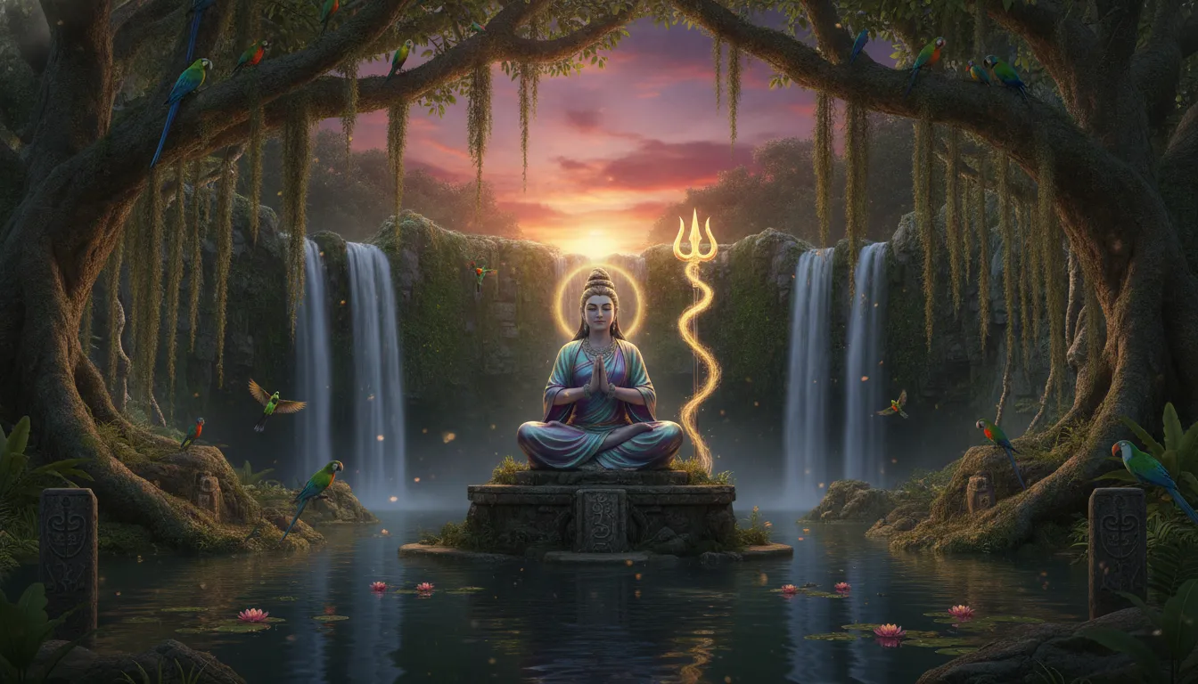 Divine figure sitting in deep meditation inside a hidden forest waterfall location at sunset.