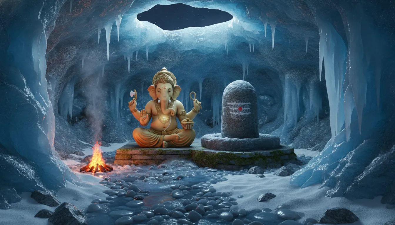 Lord Ganesha sitting in a deep meditative posture next to a natural stone Shivling inside a high Himalayan mountain cave