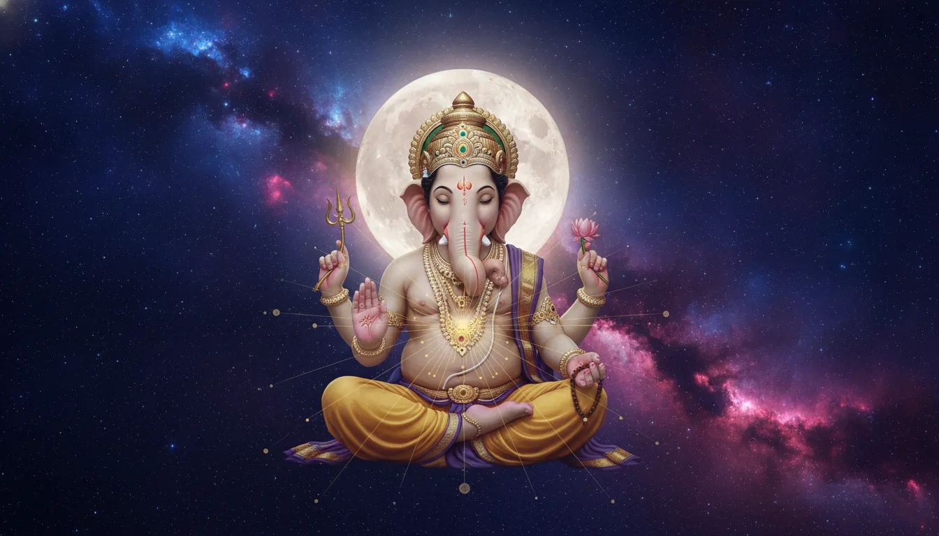 Lord Ganesha sitting in a deep meditative yoga posture against a backdrop of stars, nebulae, and a glowing moon.