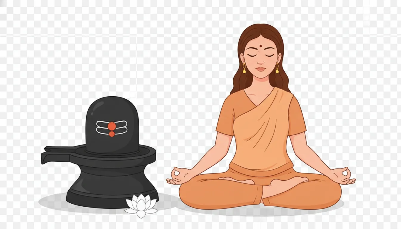 Spiritual peacefulness showing shivling pooja by lady cartoon png images sitting in padmasana yoga pose.