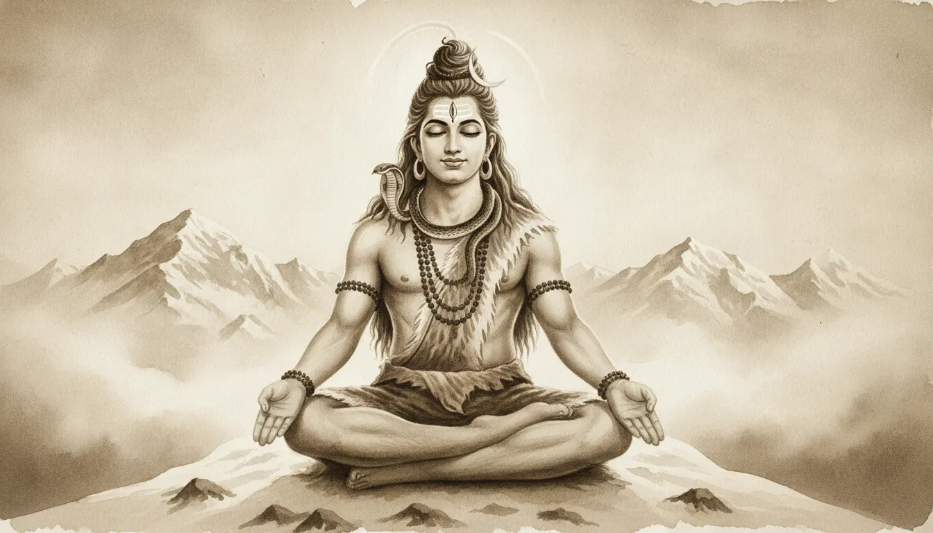 A vintage monochrome style illustration of Lord Shiva meditating on Mount Kailash.