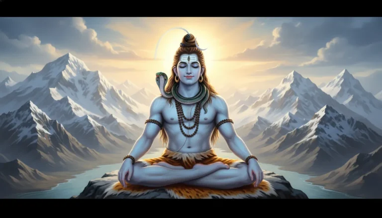 Lord Shiva meditating peacefully on Mount Kailash surrounded by snow-covered Himalayan peaks.