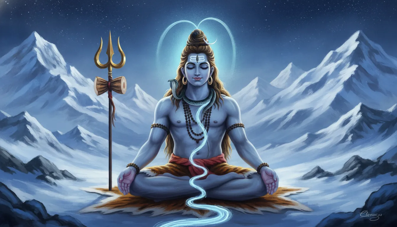 Lord Shiva meditating peacefully in the snow-covered Himalayan mountains.