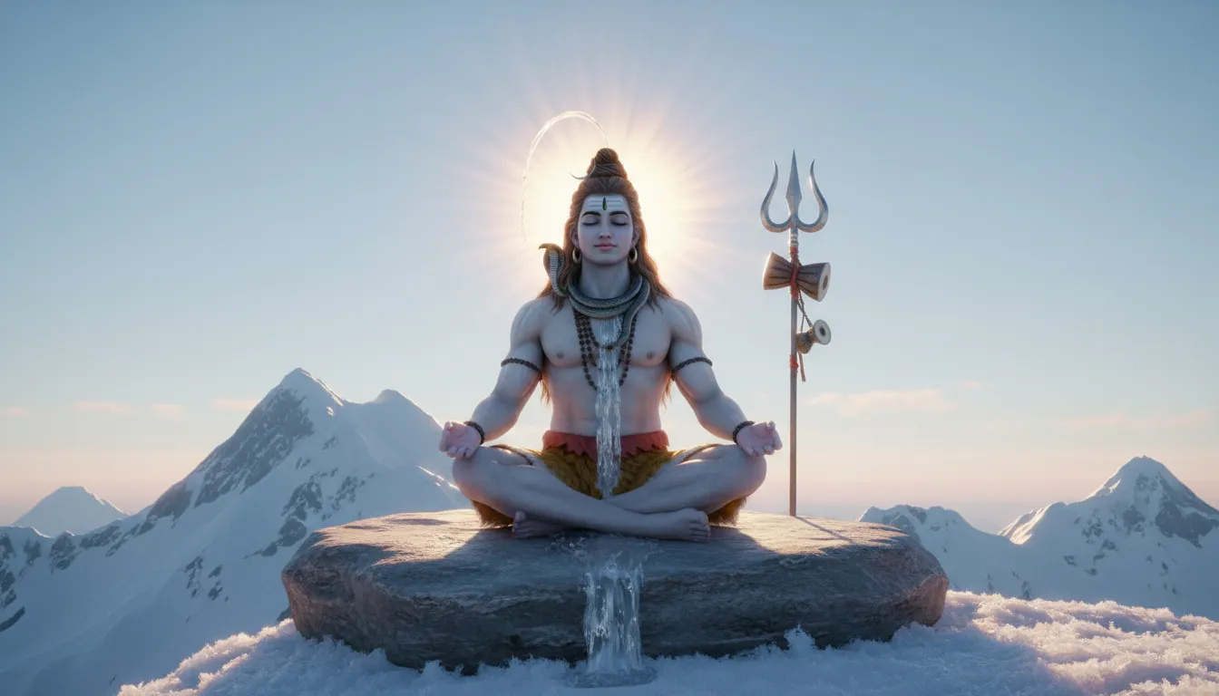 1080p mahadev photo hd showing Lord Shiva meditating peacefully on snowy Mount Kailash peaks with a radiant aura.
