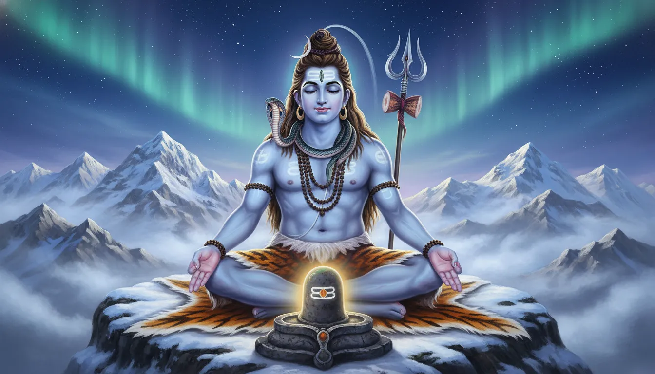 Lord Shiva meditating deeply in front of a glowing Shiva Lingam with a protective cobra coiled around his neck.