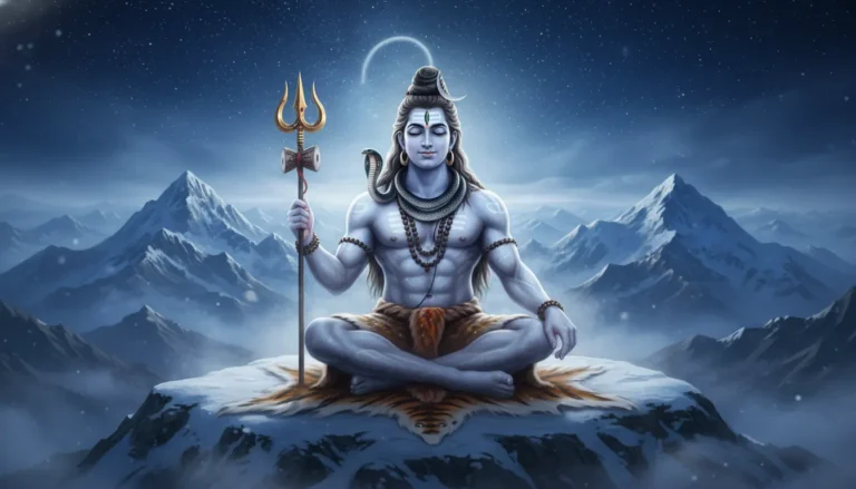 Mahadev full screen photo meditating in Himalayas with a glowing third eye and calm expressions, high-definition spiritual background.