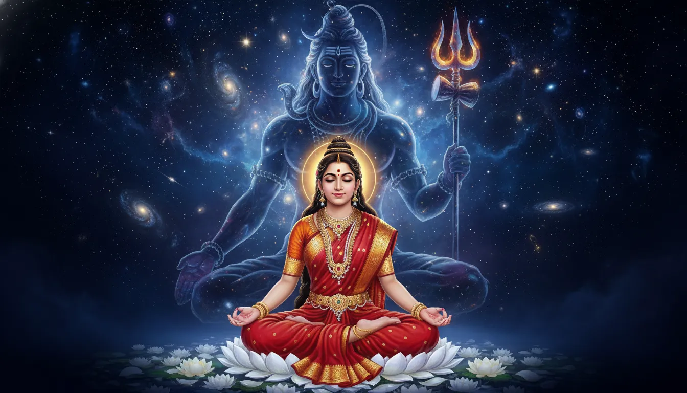 Meditating Parvati in Red Saree with Cosmic Shiva Silhouette