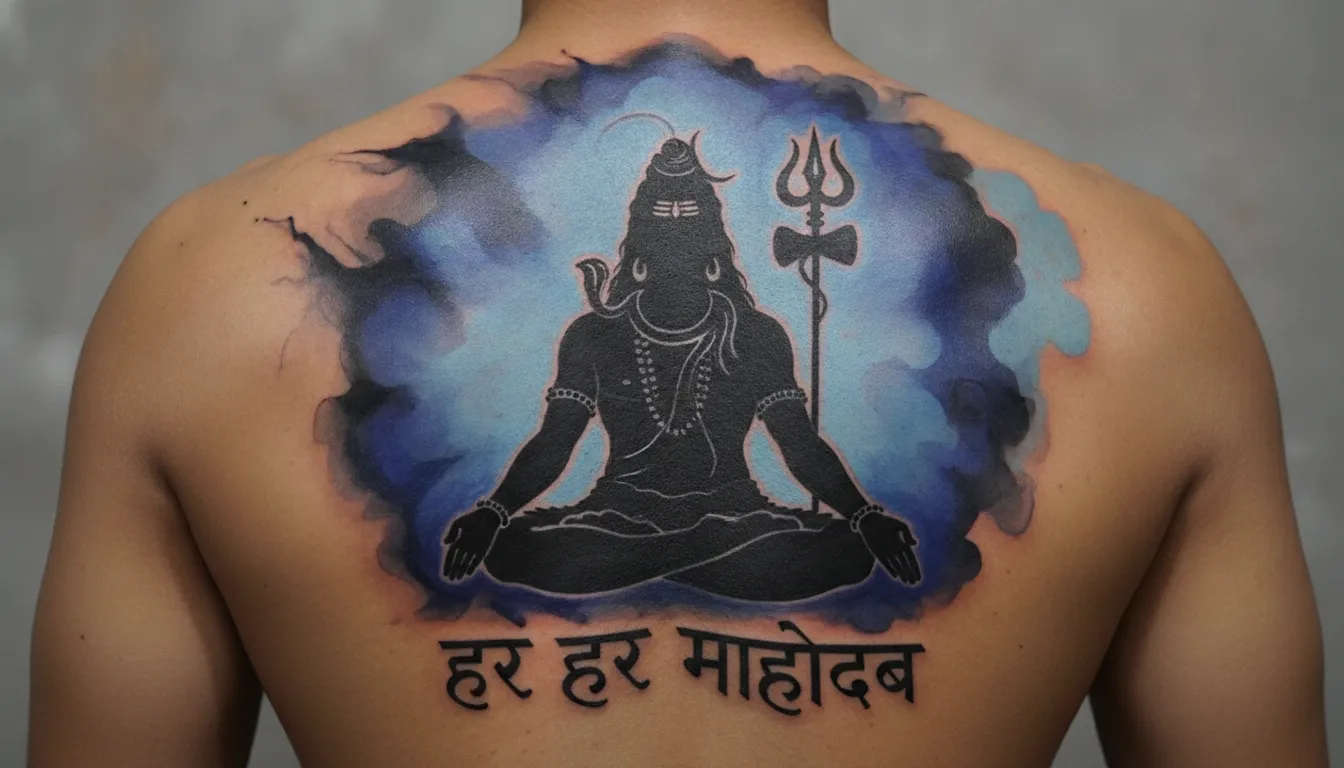 Lord Shiva meditating silhouette tattoo with Har Har Mahadev slogan on upper back.